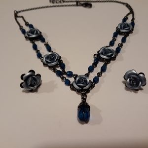 Slate Blue Roses Necklace & Earrings Set